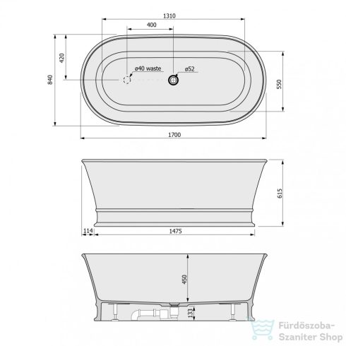 Sapho  POLYSAN DELONIX szabadonálló kád, 170x84x61,5cm, öntöttmárvány (92130)