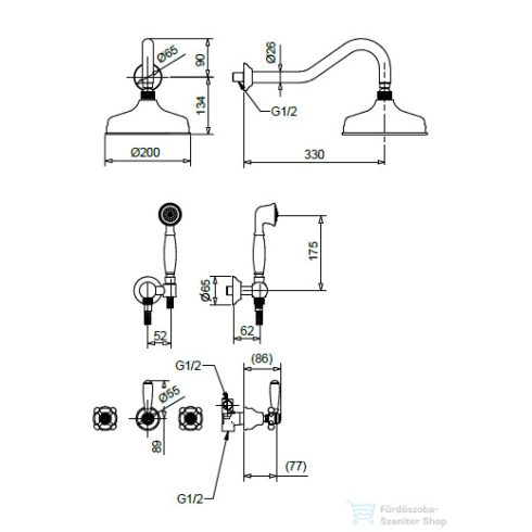 Bugnatese Lady falsík alatti komplett zuhanyrendszer 20 cm-es esőztetővel,belső egységgel,zuhanyszettel,króm/arany 927CRDO