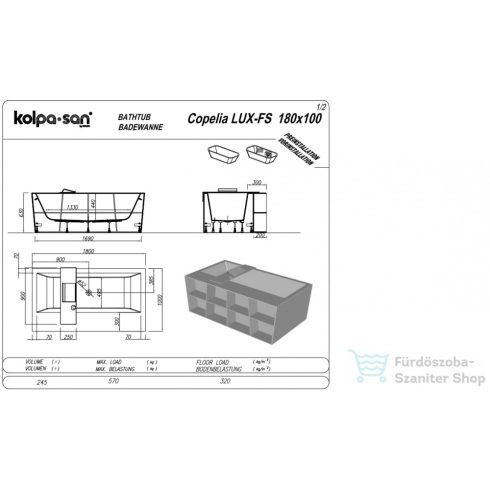 Kolpa San Copelia Lux-FS 180x100 szabadon álló kád Kerrock anyagból, polcokkal  936540