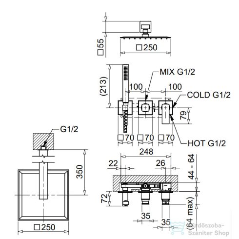 Bugnatese ATELIER falsík alatti komplett zuhanyrendszer 25 cm-es esőztetővel,belső egységgel,zuhanyszettel,matt bronz 9401HBO