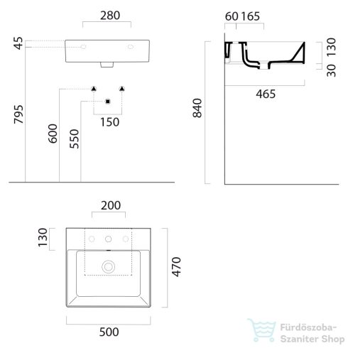 Sapho GSI KUBE X kerámiamosdó, 50x47cm, 3 furattal, matt fehér (9430309)