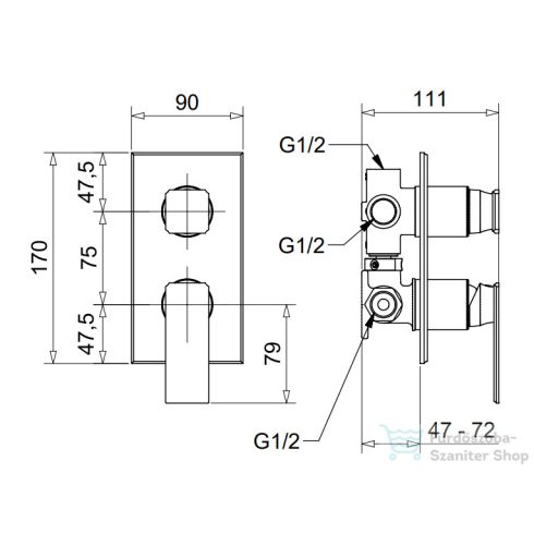 Bugnatese Atelier falsík alatti kád /zuhany csaptelep belső egységgel,PVD fényes rame 9431PR