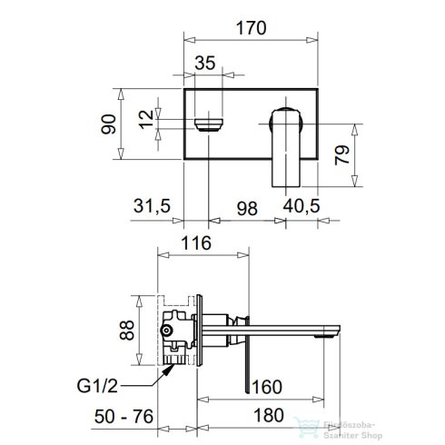 Bugnatese ATELIER falsík alatti mosdócsaptelep 16 cm-es kifolyóval,belső egységgel,click-clack leeresztővel,matt bronz 9443SCBO