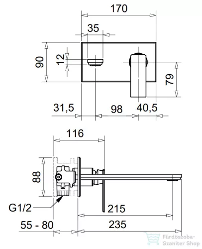 Bugnatese ATELIER falsík alatti mosdócsaptelep 21,5 cm-es kifolyóval,belső egységgel,leeresztő nélkül,PVD arany 9447PO