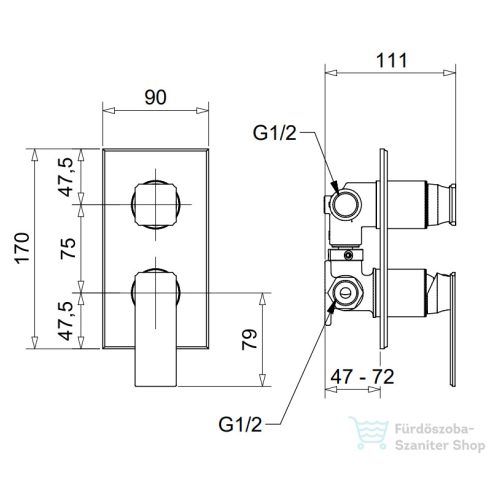 Bugnatese Atelier falsík alatti kád /zuhany csaptelep belső egységgel,PVD fényes rame 9492PR