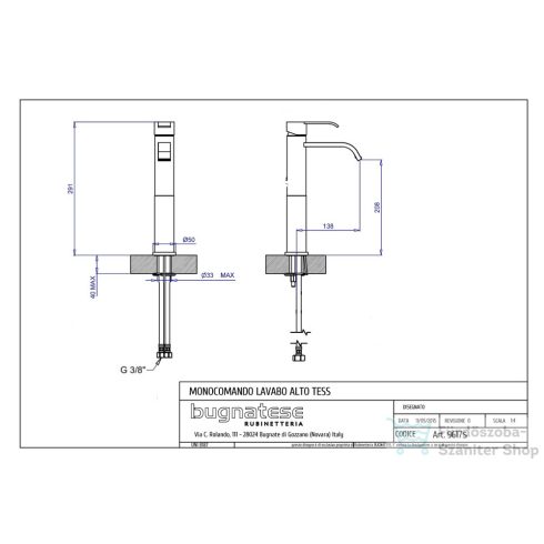 Bugnatese TESS magasított mosdó csaptelep click-clack leeresztővel,matt fehér 9617SCBI