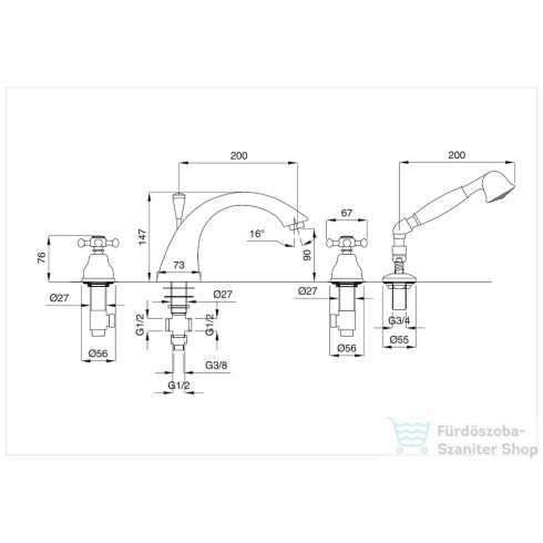 Bugnatese LADY 4 üléses kádtöltő csaptelep zuhanyszettel,Króm/arany 981CRDO