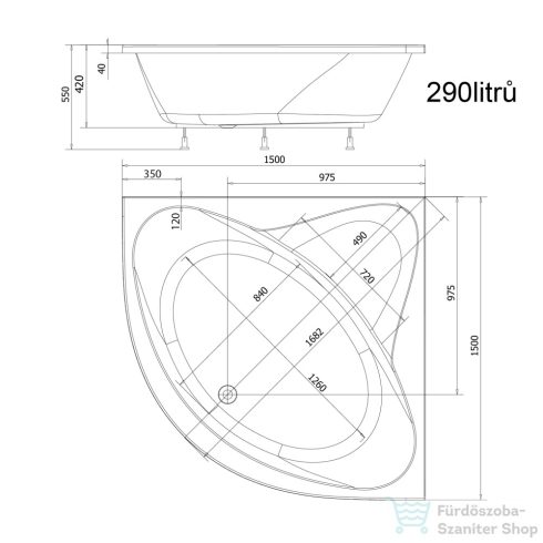 AQUALINE DYJE kád, láb nélkül, 150x150x42cm, akril A1550