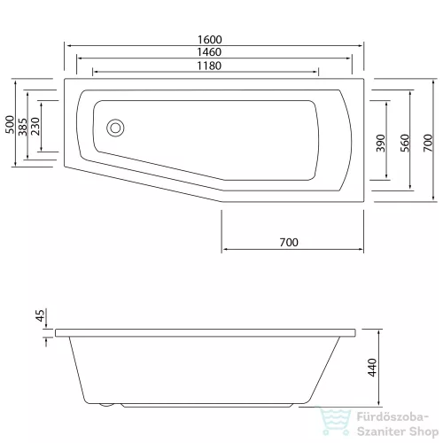 AQUALINE OPAVA kád, láb nélkül, jobbos, 160x70x39cm, akril A1671