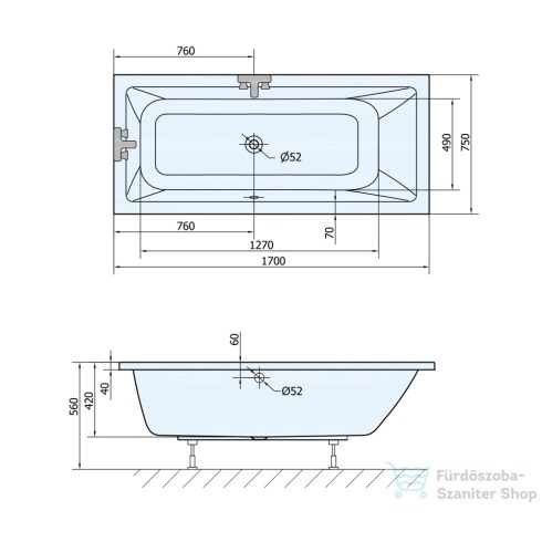 AQUALINE NISA kád, láb nélkül, 170x75x41cm, akril A1775