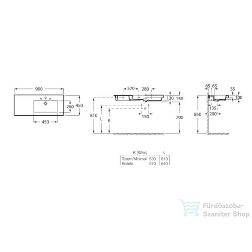Roca Prisma 90x45 cm-es fali,vagy bútorra ültethető porcelán mosdó jobb oldali medencével,Fehér A327543000