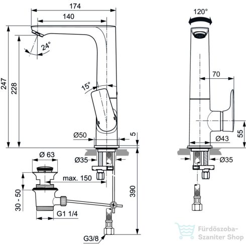 Ideal Standard CONNECT AIR magasított mosdó csaptelep automata leeresztővel,elfordítható kifolyóval,Króm A7020AA