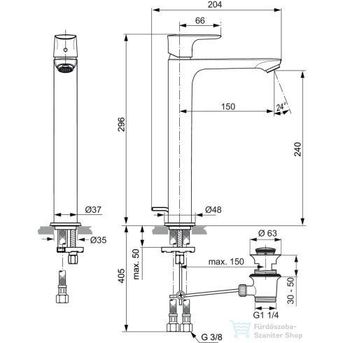 Ideal Standard CONNECT AIR magasított mosdó csaptelep automata leeresztővel,Silver storm A7025GN