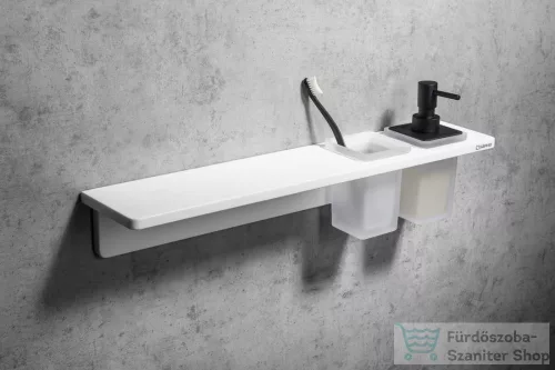 Sapho ABELINE rockstone polc, 2 furattal, 1 pohárral, 1 szappanadagolóval, 600x12x100mm, matt fehér/fekete (AE602-0101-03)