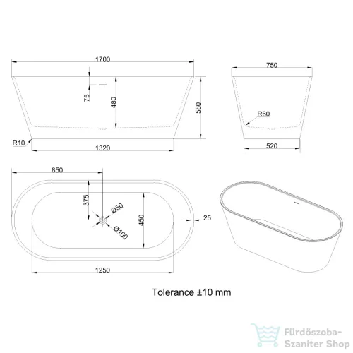 Invena LIMNOS 170x75 szabadon álló kád, fehér AN-00-120-M