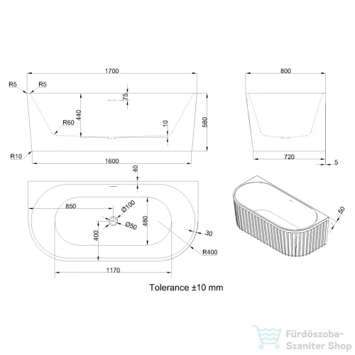 Invena GLAMOUR struktúrált 170x80 falhoz illeszthető szabadon álló kád, fehér AN-02-12U-M