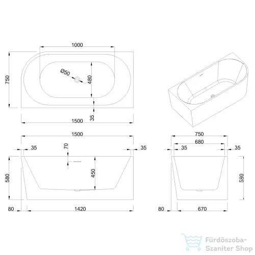 Invena ASTRI 150x75 cm falhoz illeszthető szabadon álló kád, fehér, balos AN-03-15L-F