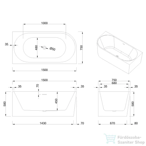 Invena ASTRI 150x75 cm falhoz illeszthető szabadon álló kád, fehér, jobbos AN-03-15P-F