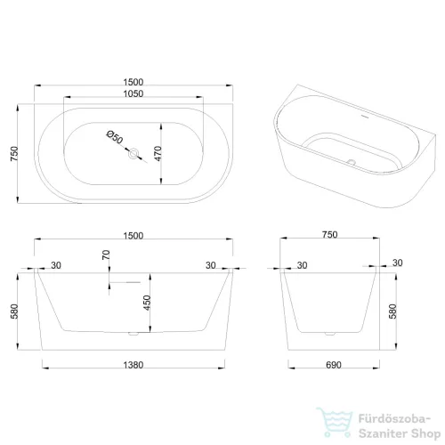 Invena ASTRI 150x75 cm falhoz illeszthető szabadon álló kád, fehér AN-03-15U-F