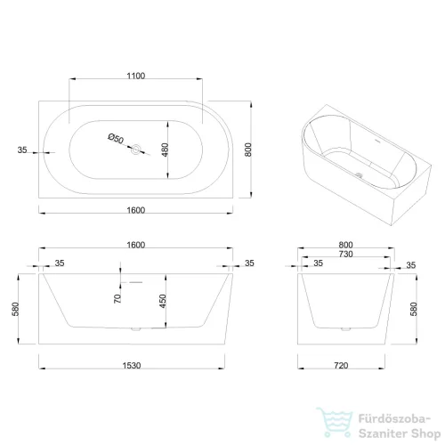 Invena ASTRI 160x75 cm falhoz illeszthető szabadon álló kád, fehér, jobbos AN-03-16P-F