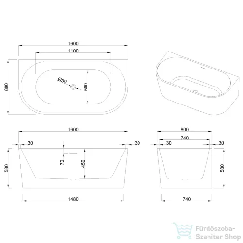 Invena ASTRI 160x80 cm falhoz illeszthető szabadon álló kád, fehér AN-03-15U-F