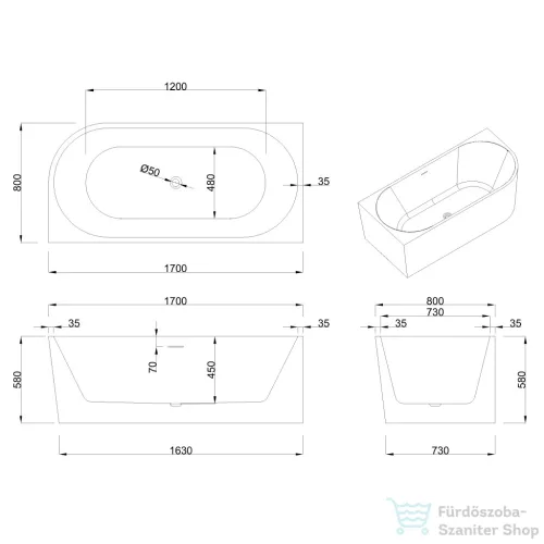 Invena ASTRI 170x80 cm falhoz illeszthető szabadon álló kád, fehér, balos AN-03-17L-F