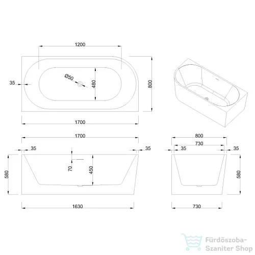 Invena ASTRI 170x80 cm falhoz illeszthető szabadon álló kád, fehér, jobbos AN-03-17P-F