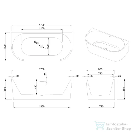 Invena ASTRI 170x80 cm falhoz illeszthető szabadon álló kád, fehér AN-03-17U-F