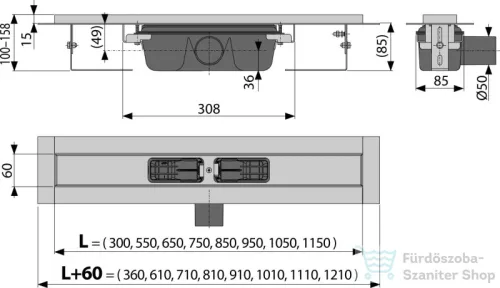 Alcaplast APZ1 zuhanyfolyóka peremmel perforált rácsokhoz, 650 mm APZ1-650