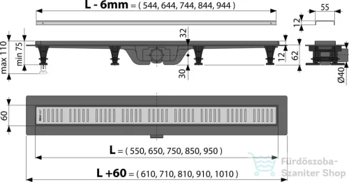 Alcaplast APZ10 Simple műanyag zuhanyfolyóka, peremmel perforált rácsokhoz, 650 mm, APZ10-650M