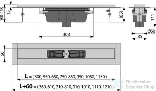Alcaplast APZ1001 zuhanyfolyóka peremmel perforált rácsokhoz, függőleges lefolyóval, 750 mm APZ1001-750