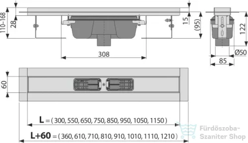 Alcaplast APZ1006 Professional zuhanyfolyóka peremmel tömör rácsokhoz, függőleges lefolyóval, 1050 mm, APZ1006-1050
