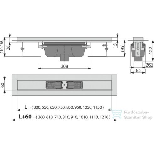 Alcaplast APZ1006 Professional zuhanyfolyóka peremmel tömör rácsokhoz, függőleges lefolyóval, 950 mm, APZ1006-950