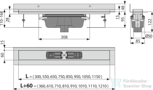 Alcaplast APZ1016 Wall zuhanyfolyóka peremmel tömör rácsokhoz függőleges gallérral falhoz építéshez, függőleges lefolyó, 650 mm, APZ1016-650