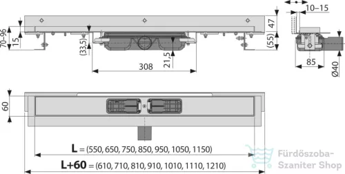 Alcaplast APZ104 Flexible Low zuhanyfolyóka falhoz beállítható szigetelési gallérral, peremmel perforált rácsokhoz, 550 mm, APZ104-550