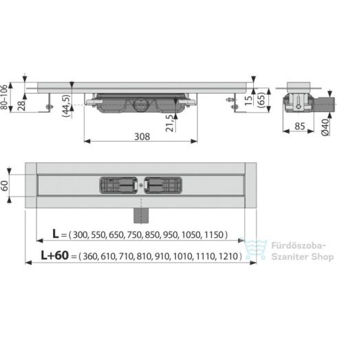 Alcaplast APZ106 Professional Low zuhanyfolyóka peremmel tömör rácsokhoz, 850 mm, APZ106-850