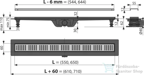 Alcaplast APZ10 Simple műanyag zuhanyfolyóka, peremmel perforált rácsokhoz, 650 mm, fekete-sárgaréz APZ10BLACK-650BRASS