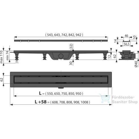 Alcaplast APZ19 Simple Zuhanyfolyóka peremmel kétoldalú rácsokhoz, 650 mm, APZ19-650