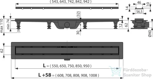 Alcaplast APZ19 Simple Zuhanyfolyóka peremmel kétoldalú rácsokhoz, 850 mm, fekete-matt APZ19BLACK-850
