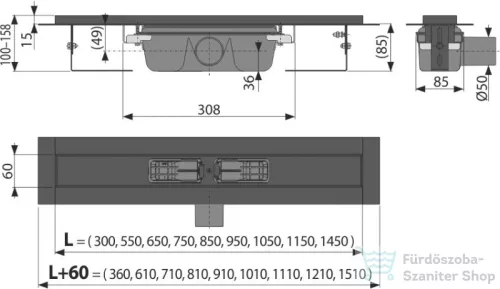 Alcaplast APZ1BLACK zuhanyfolyóka peremmel perforált rácsokhoz, 850 mm, fekete-matt APZ1BLACK-850