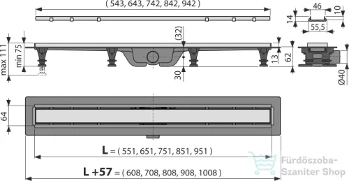 Alcaplast APZ20 Simple műanyag zuhanyfolyóka, rozsdamentes peremmel kétoldalú rácsokhoz, 750 mm, APZ20-750