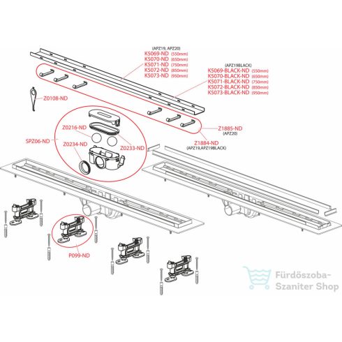 Alcaplast APZ20 Simple műanyag zuhanyfolyóka, rozsdamentes peremmel kétoldalú rácsokhoz, 950 mm, APZ20-950