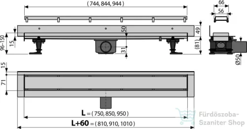 Alcaplast APZ23 Fit and Go Wall zuhanyfolyóka peremmel kétoldalú rácsokhoz, függőleges gallérral falhoz építéshez, 950 mm, APZ23-DOUBLE9-950