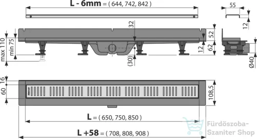 Alcaplast APZ30 Wall műanyag zuhanyfolyóka peremmel perforált rácsokhoz, függőleges gallérral falhoz építéshez, 750 mm, APZ30-750M