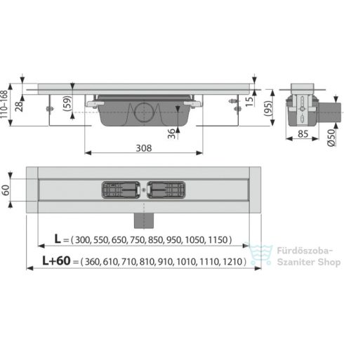 Alcaplast APZ6 Professional zuhanyfolyóka peremmel tömör rácsokhoz, 850 mm, APZ6-850