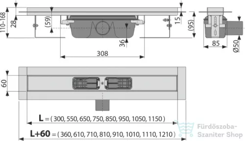 Alcaplast APZ6 Professional zuhanyfolyóka peremmel tömör rácsokhoz, 850 mm, APZ6-850