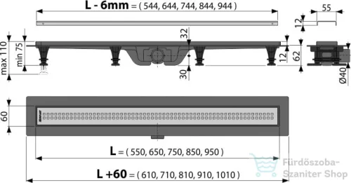 Alcaplast APZ9 Simple műanyag zuhanyfolyóka, peremmel perforált rácsokhoz, 550 mm, APZ9-550M