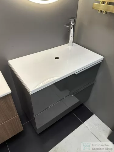 BEMUTATÓTERMI AREZZO design MONTEREY 80 alsószekrény (fényes antracit) + mosdópult (fényes fehér) + 2db fogantyú (króm) (esztétikai sérült pult)