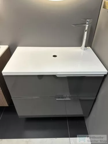 BEMUTATÓTERMI AREZZO design MONTEREY 80 alsószekrény (fényes antracit) + mosdópult (fényes fehér) + 2db fogantyú (króm) (esztétikai sérült pult)