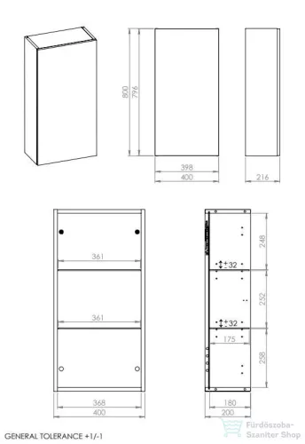 AREZZO design 40 cm-es univerzális felső szekrény (21,6 cm mély) 1 ajtós, magasfényű antracit színben AR-169665